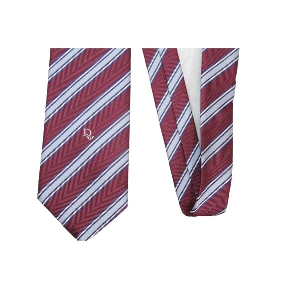 Vtg CHRISTIAN DIOR Diagonal Striped Spell out Dior Tie Maroon Silver Silk Blend - Picture 2 of 7